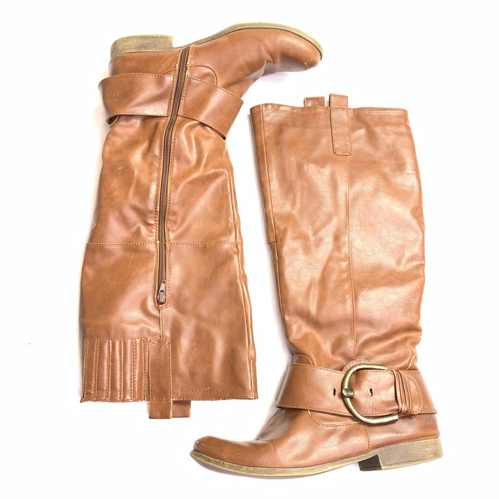 JustFab Knee High Boots Brown Faux Leather - Picture 1 of 8